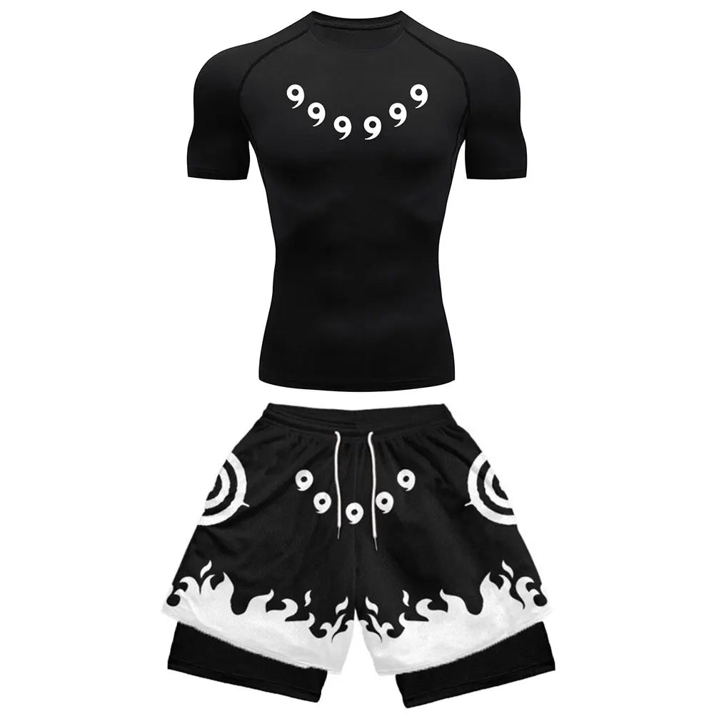Anime Compression Set Running Sport Fitness Suit for Men Quick Dry Compression Shirt+Gym Shorts 2PCS Workout Summer Sportwear