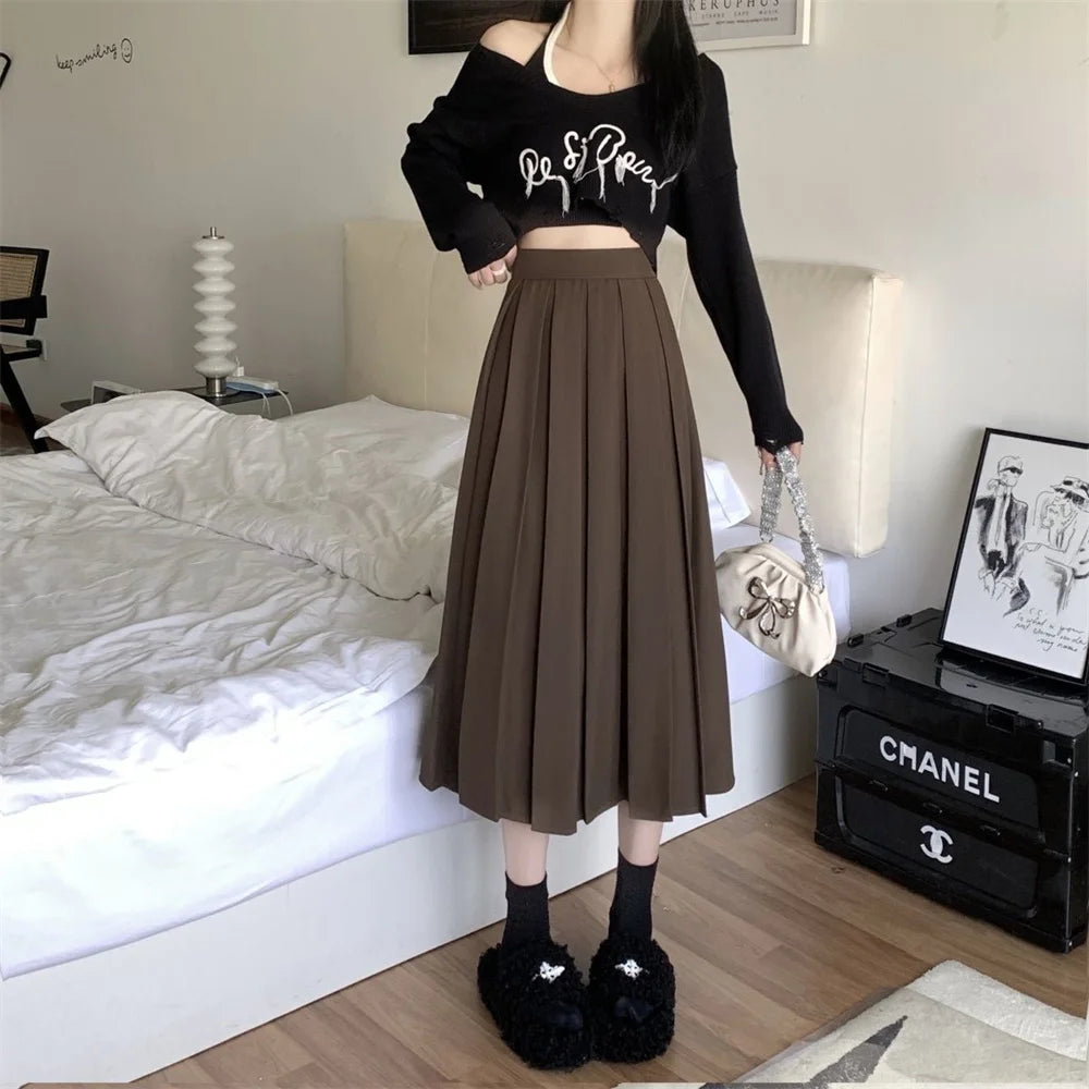 Modest Skirts for Women Korean Style Long Black Skirt Women's Pleated Skirt Relaxation Long Skirts for Women Student