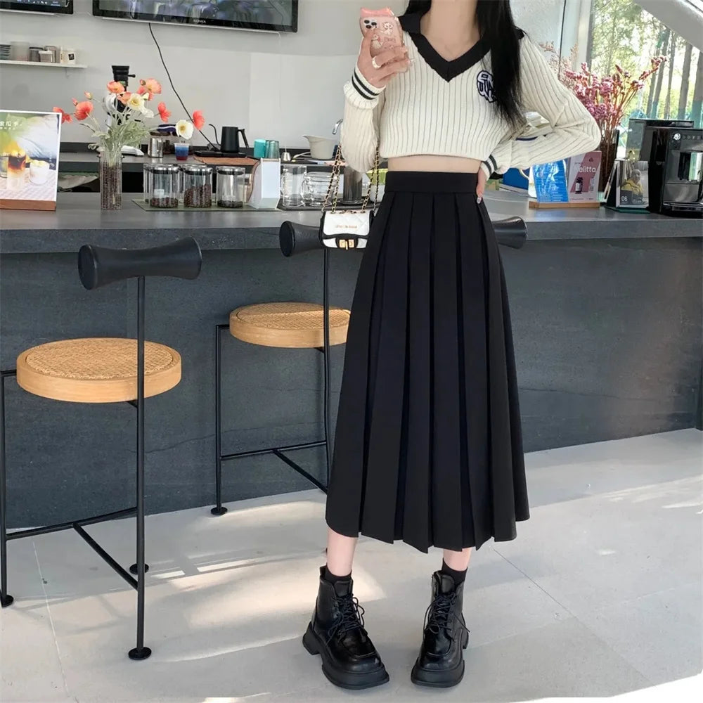 Modest Skirts for Women Korean Style Long Black Skirt Women's Pleated Skirt Relaxation Long Skirts for Women Student